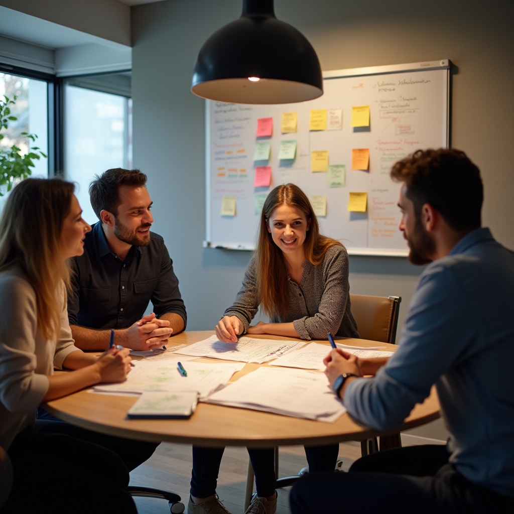 Sesión de consultoría grupal con freelancers trabajando en estrategia
