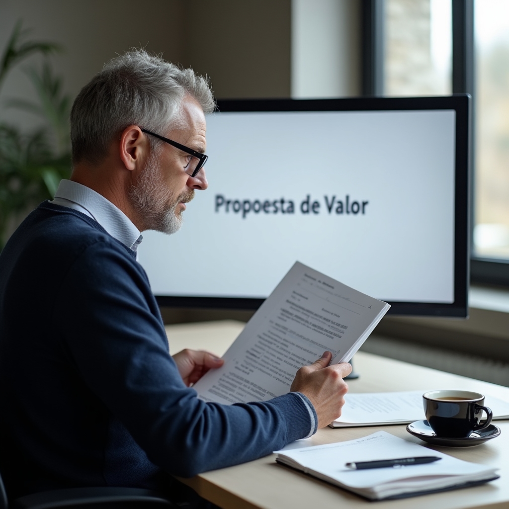 Freelancer revisando su propuesta de valor con materiales de trabajo