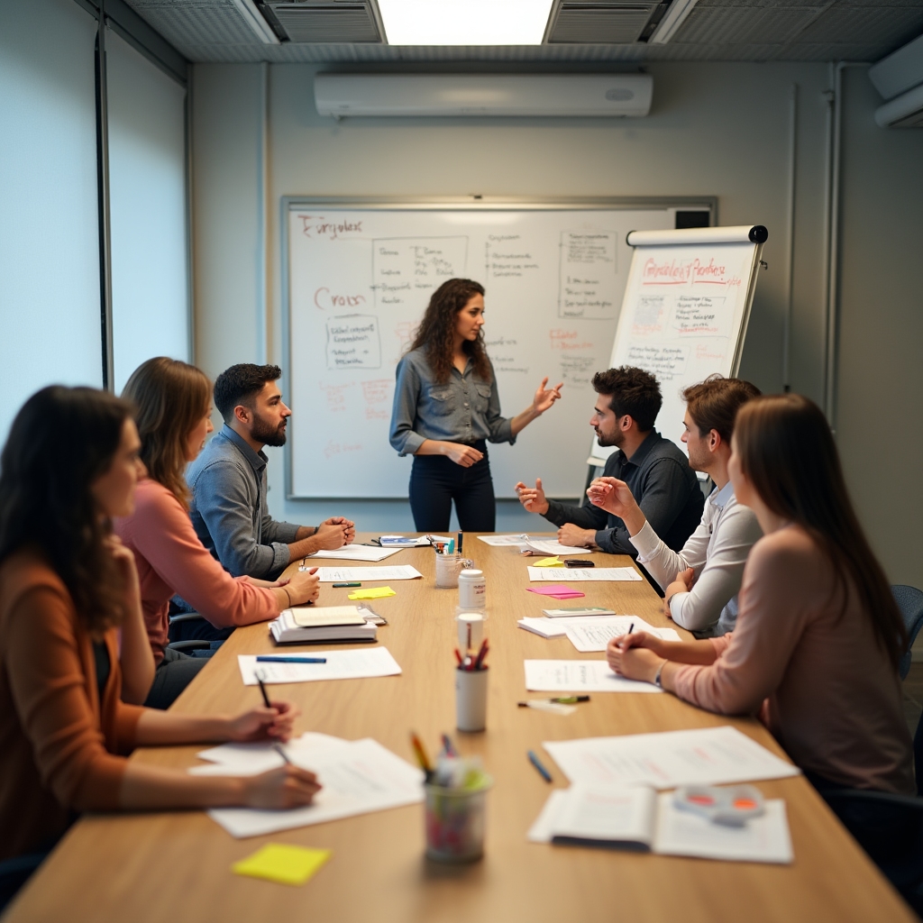 Taller de posicionamiento para freelancers con materiales de trabajo en mesa